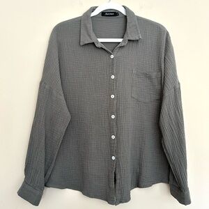 Automet Women’s Relaxed Green Waffled Button Down Gauze Shirt